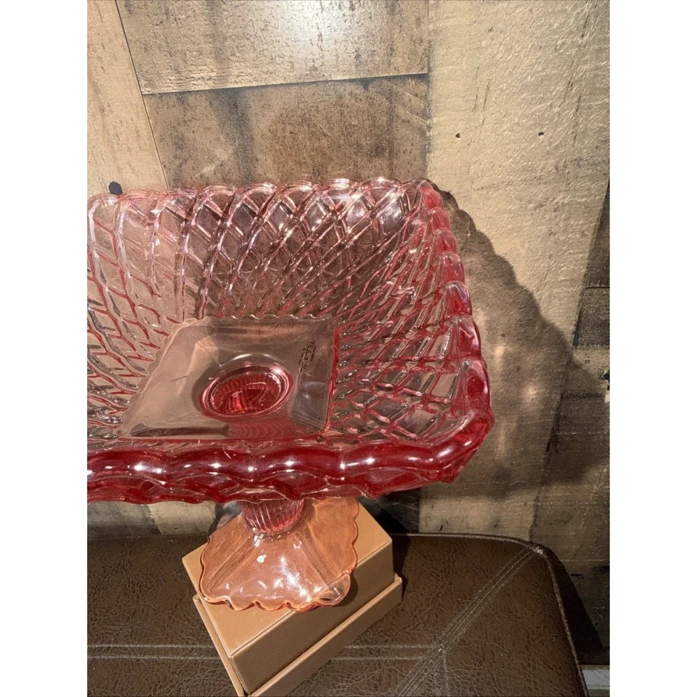 Vintage L.E. Smith‎ Pink Trellis Pattern Glass Pedestal Compote Bowl Handmade